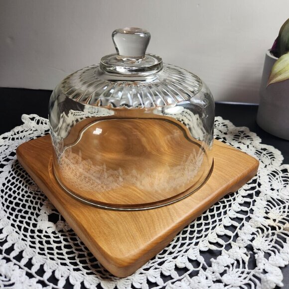 Arc France Cheese Board Maple or Ash with Clear Glass Cloche Dome Cover Vintage - Picture 7 of 12